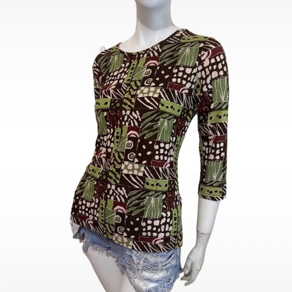 Vintage Y2K 3/4 Sleeve Olive Brown Goblin Core Graphic Printed Blouse Sz M